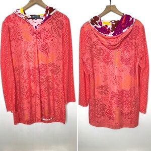 TITLE NINE Woman's Laser Cut Hooded Amphib Tunic Cover Up Pink Falling Dot XL